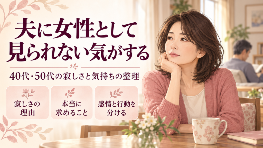 夫に女性として見られない気がする40代・50代の寂しさを考える女性のイラスト。寂しさの理由、本当に求めること、感情と行動を分けて整理する。